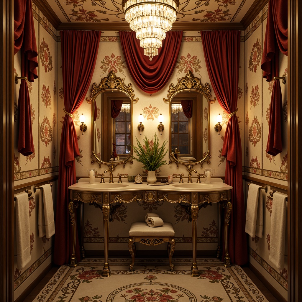 Prompt: Intricate Art Nouveau powder room, ornate mirrors, delicate floral patterns, luxurious velvet drapes, soft golden lighting, crystal chandeliers, bronze sconces, curved lines, organic forms, flowing shapes, subtle warm glow, low-key illumination, intimate ambiance, opulent decorative fixtures, beaded fringe details, lavish materials, rich jewel tones, vintage-inspired accessories, elegant metalwork, whimsical motifs.