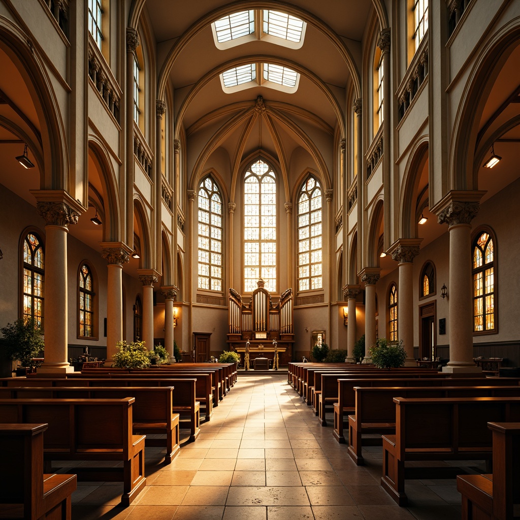 Prompt: Elegant church architecture, stunning stained glass windows, warm golden light, ornate wooden pews, vaulted ceilings, majestic pipe organs, intricate stone carvings, serene atmosphere, soft diffused lighting, clerestory windows, skylights, subtle shading, natural materials, earthy tones, rustic textures, peaceful ambiance, gentle shadows, 1/2 composition, warm color palette, realistic rendering.