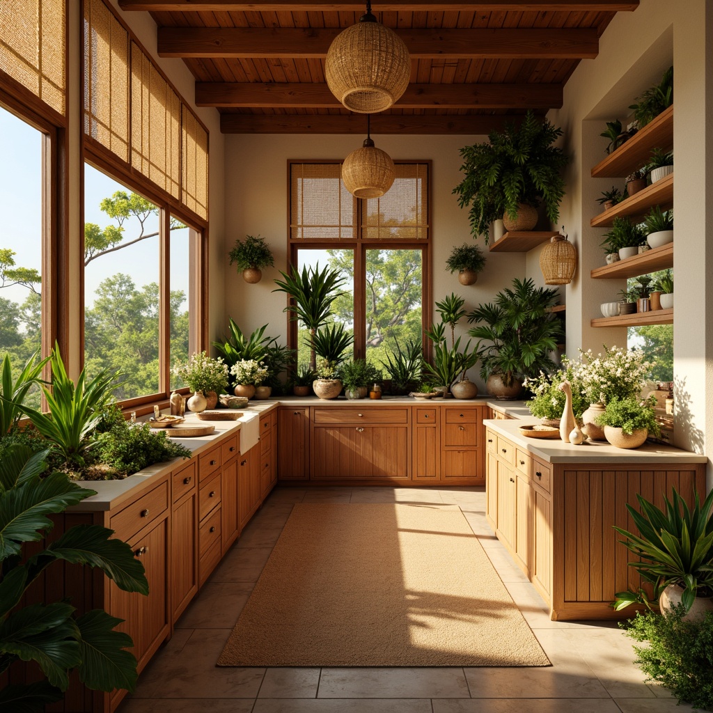 Prompt: Tropical kitchen ambiance, warm beige walls, rich wood cabinetry, vibrant greenery, exotic flower arrangements, rattan pendant lights, natural woven shades, soft warm glow, layered lighting effects, 3/4 composition, shallow depth of field, realistic textures, ambient occlusion, morning sunlight, warm golden tones, subtle coastal breeze, ocean-inspired color palette.