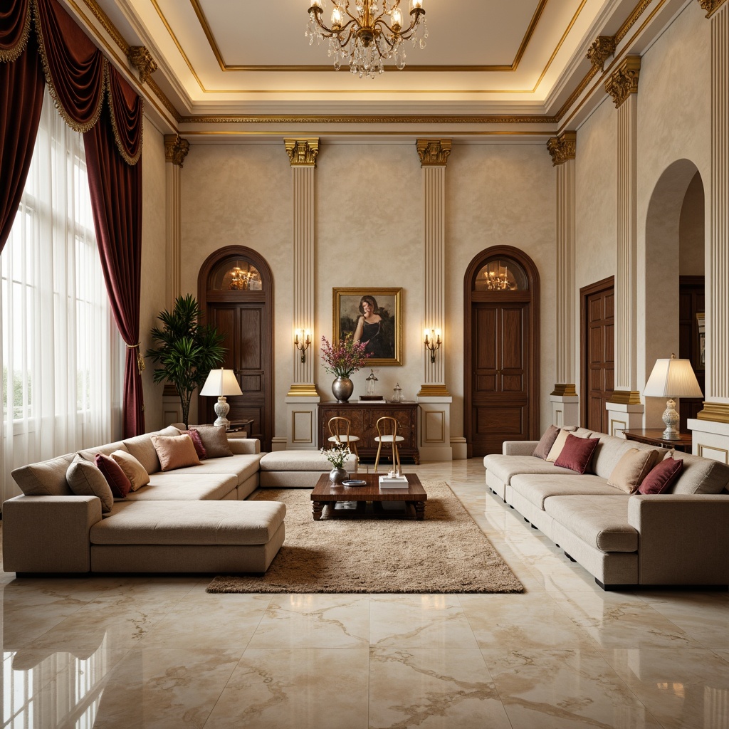 Prompt: Elegant living room, cream-colored marble floors, ornate columns with Ionic capitals, rich velvet drapes, gold-leaf accents, crystal chandeliers, plush sectional sofas, antique wooden furniture, intricate carvings, soft warm lighting, shallow depth of field, 1/1 composition, symmetrical arrangement, neutral color palette, luxurious textiles, subtle patterned rugs.