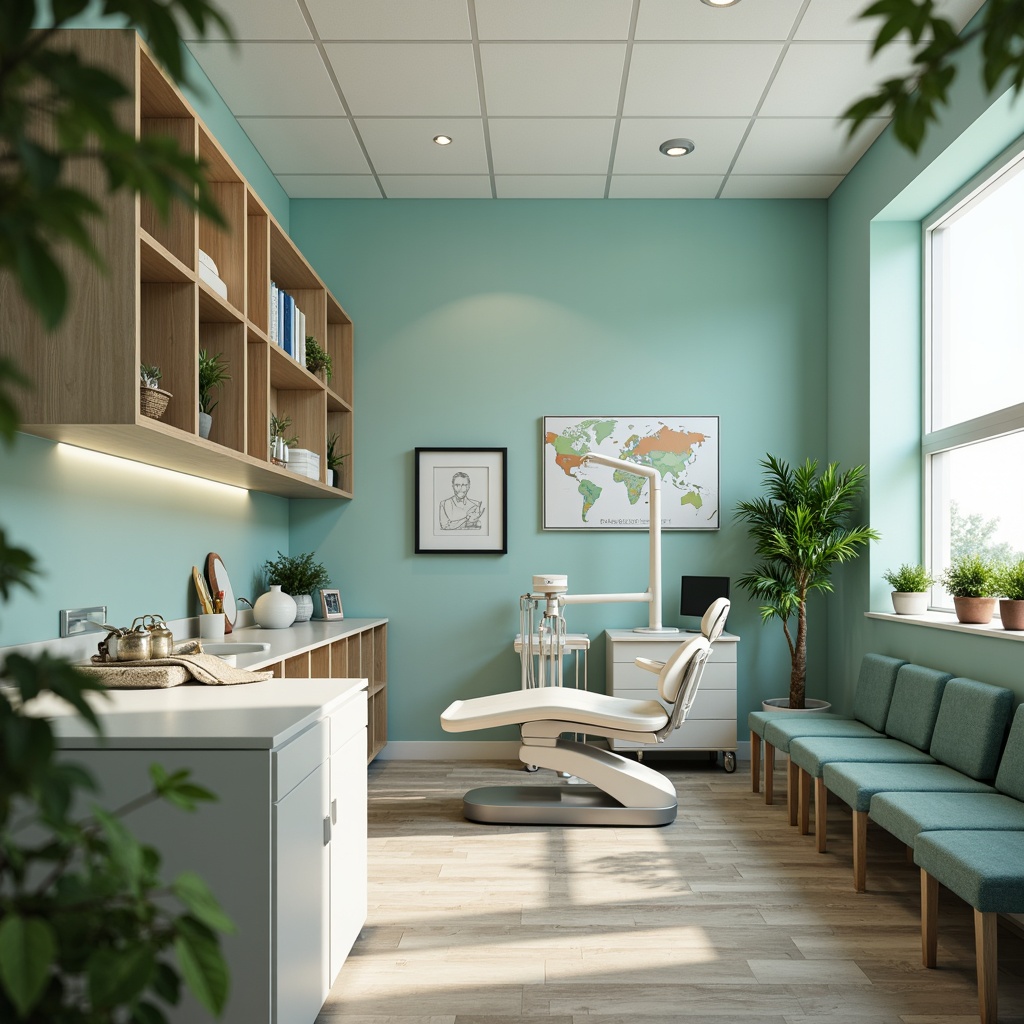 Prompt: Calming dental clinic atmosphere, soothing blue-green hues, gentle cream accents, natural wood tones, sterile white surfaces, modern minimalistic design, sleek metal equipment, subtle patterned flooring, comfortable waiting area seating, refreshing greenery, ambient soft lighting, shallow depth of field, 1/2 composition, realistic textures, warm color temperature.