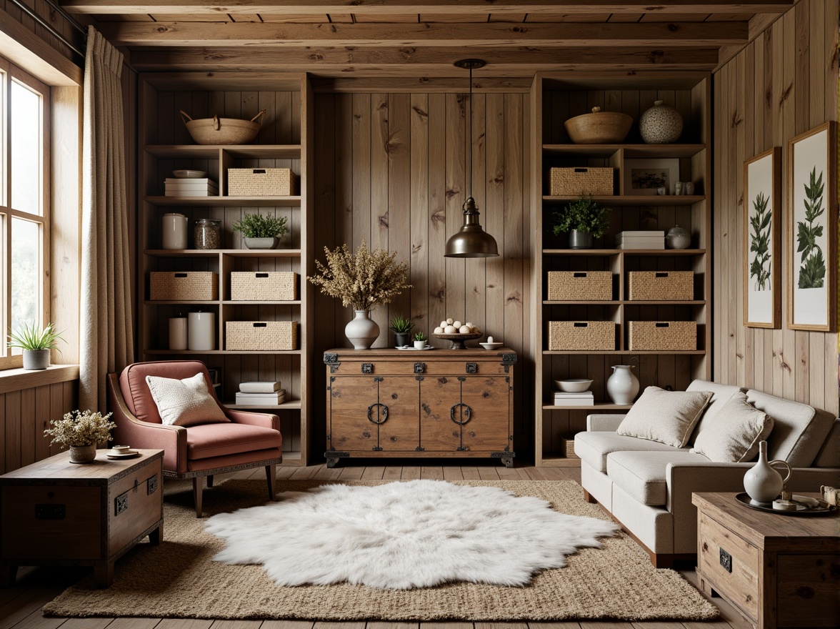 Prompt: Rustic storage room, distressed wood accents, soft warm lighting, plush area rugs, vintage decorative trunks, woven baskets, natural linen fabrics, earthy tone color palette, cozy throw blankets, velvet pillows, antique furniture pieces, ornate metal hardware, aged wooden crates, botanical prints, French country charm, serene atmosphere, subtle sheen finishes, tactile textures, 1/1 composition, intimate scale, warm beige tones.