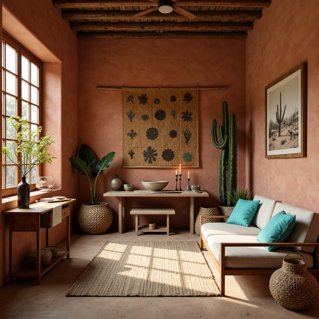 Prompt: Earthy craft room, warm terracotta walls, rustic wooden furniture, vibrant turquoise accents, natural linen textiles, woven baskets, vintage pottery, desert-inspired artwork, sandy beige floors, soft candlelight, cozy reading nook, 3/4 composition, warm shallow depth of field, realistic textures, ambient occlusion.