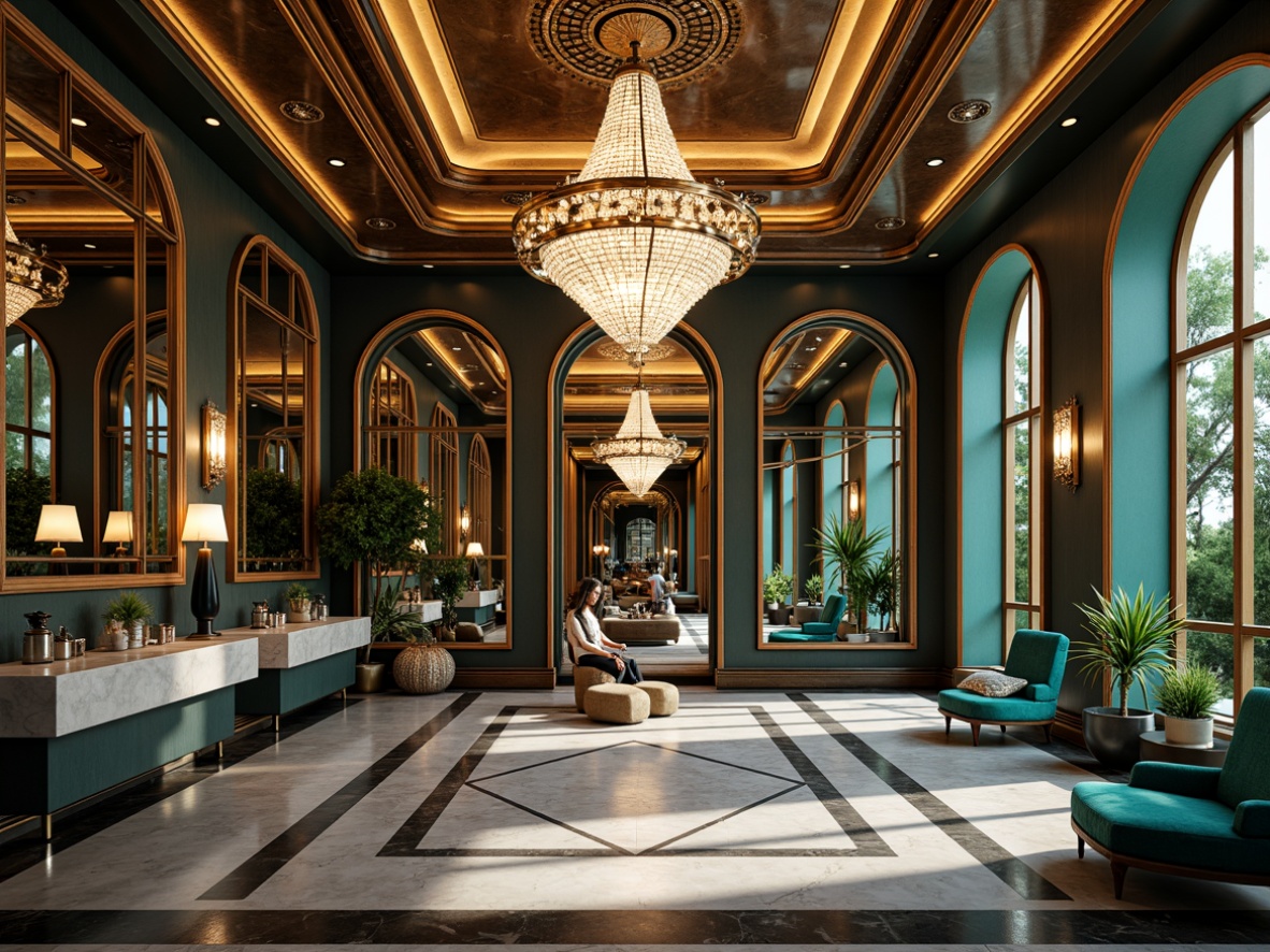 Prompt: Luxurious Art Deco home gym, rich bronze accents, metallic silver tones, opulent gold details, vibrant turquoise hues, bold black outlines, geometric patterned flooring, ornate mirrors, sleek chrome equipment, plush velvet upholstery, dramatic crystal chandeliers, lavish marble countertops, grandiose archways, warm ambient lighting, high-contrast shadows, 1/2 composition, cinematic camera angle, realistic reflections, intricate texture details.