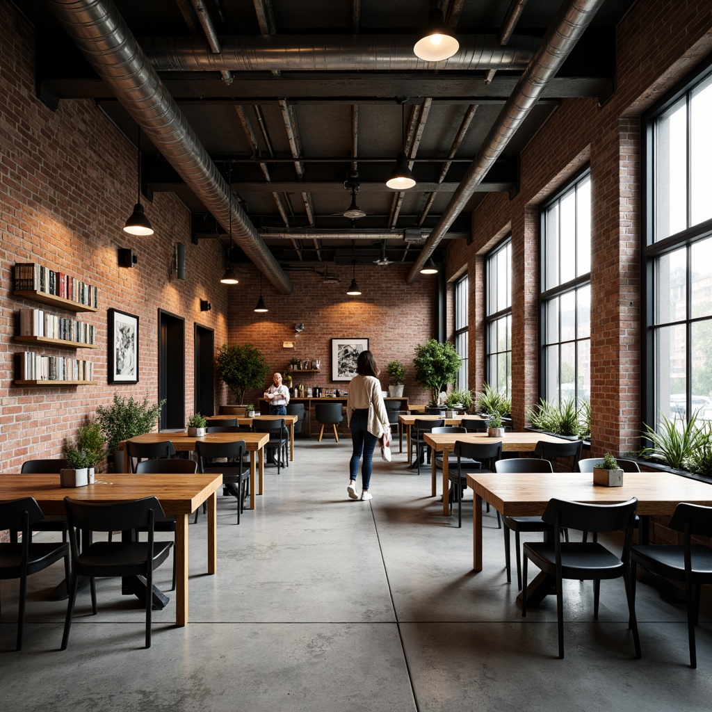 Prompt: Exposed ductwork, industrial chic, reclaimed wood accents, metal beams, urban loft atmosphere, warm ambient lighting, suspended pendant lights, matte black finishes, rustic wooden tables, metal chairs, vintage factory decor, concrete floors, large windows, natural daylight, softbox lighting, 1/2 composition, shallow depth of field, realistic textures, subtle color grading.