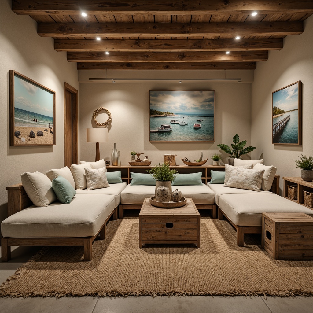 Prompt: Cozy basement, coastal style, natural wood accents, driftwood furniture, plush sectional sofas, jute rugs, ocean-inspired artwork, nautical rope lighting, rustic metal decor, weathered wooden crates, sandy beige walls, soft blue-green color palette, warm ambient lighting, 1/1 composition, shallow depth of field, realistic textures, subtle reflections.