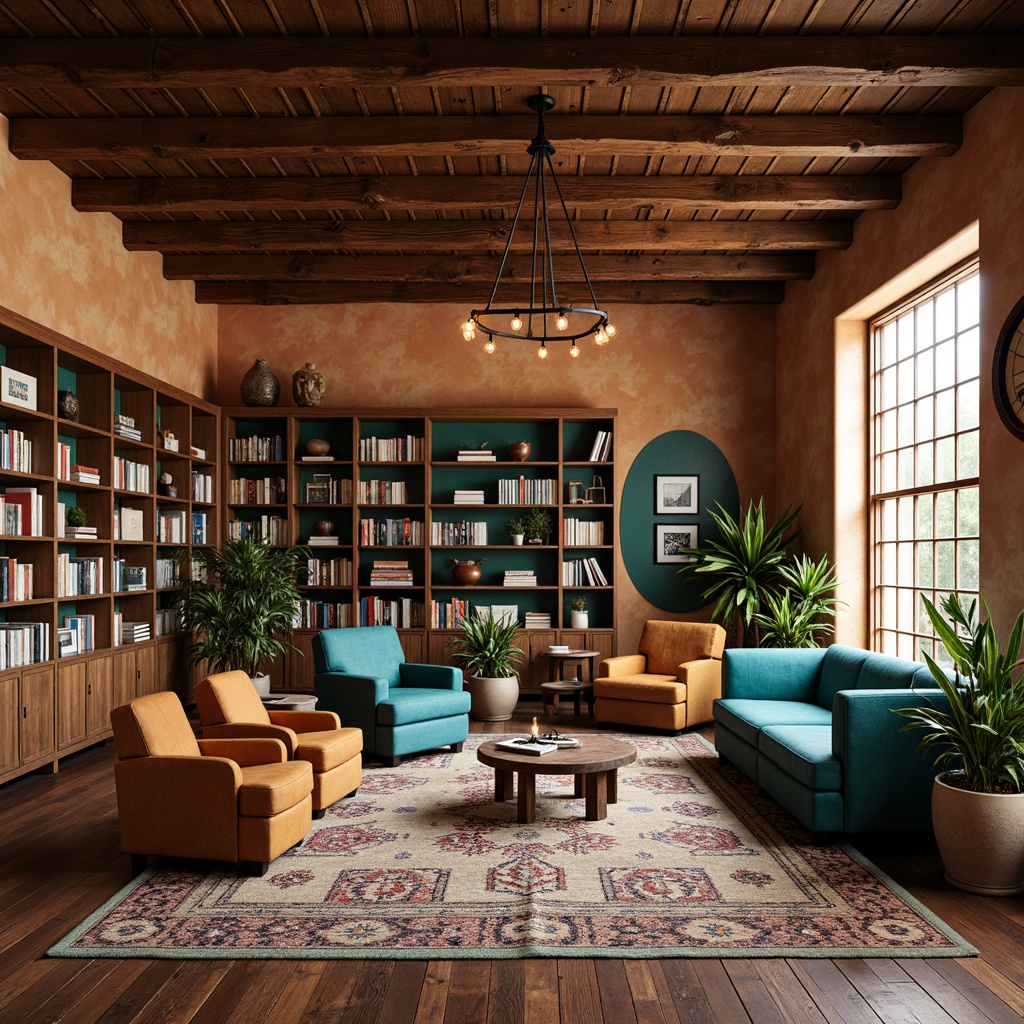 Prompt: Cozy southwestern bookstore, warm earthy tones, wooden bookshelves, rustic metal accents, plush area rugs, comfortable reading nooks, vibrant turquoise hues, geometric patterned textiles, natural woven fibers, reclaimed wood furniture, industrial metal lighting, distressed leather armchairs, vintage decorative items, ambient warm lighting, shallow depth of field, 1/1 composition, realistic textures, soft focus effect.