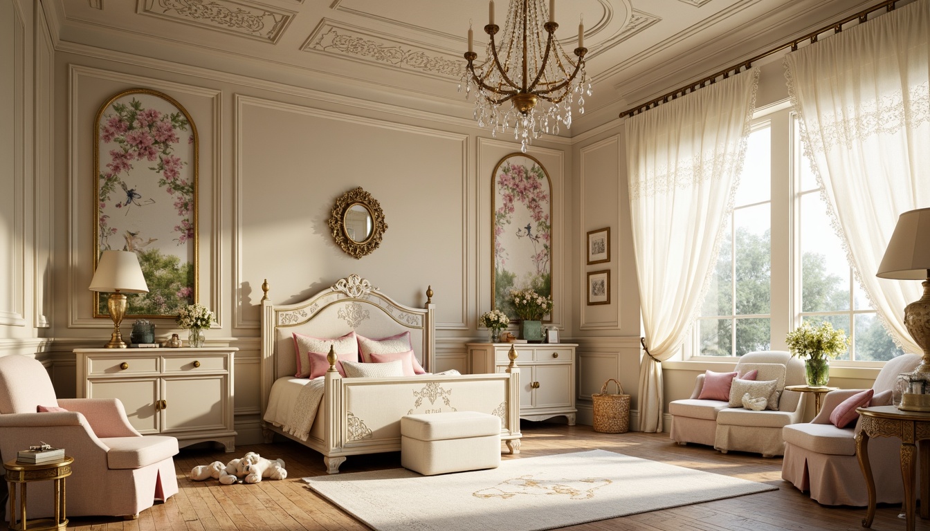 Prompt: Richly ornamented Victorian-style kids' room, soft creamy whites, warm beige tones, gentle blush pinks, soothing sage greens, luxurious gold accents, intricate floral patterns, ornate furniture carvings, plush velvet fabrics, delicate lace trimmings, vintage-inspired wallpaper designs, whimsical fairy tale illustrations, sparkling crystal chandeliers, morning sunlight filtering through lace curtains, shallow depth of field, 1/1 composition, warm soft lighting, realistic textures, ambient occlusion.