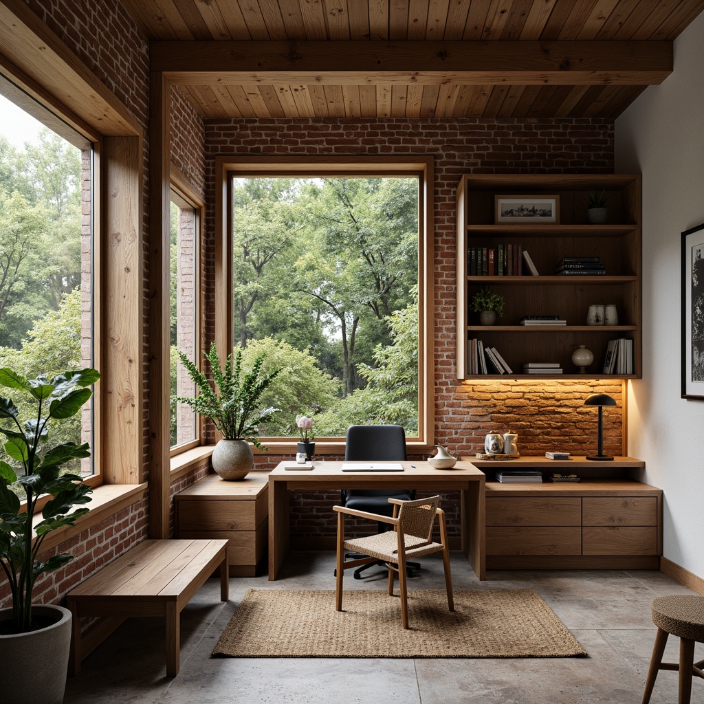 Prompt: Rustic home office, wooden desk, vintage chair, exposed brick wall, natural stone flooring, earthy color palette, warm lighting, cozy atmosphere, minimalist decor, functional shelving, organized storage, ergonomic layout, comfortable seating area, lush greenery, large windows, soft diffused light, 1/2 composition, realistic textures, ambient occlusion.