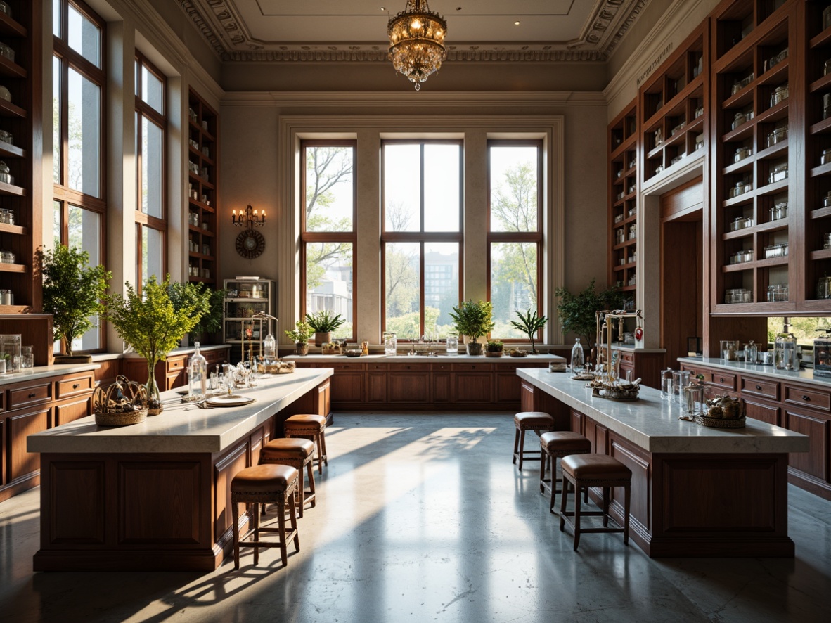 Prompt: Elegant laboratory interior, neoclassical architecture, polished marble countertops, stainless steel equipment, glass beakers, metallic shelves, rich wood cabinetry, leather-bound stools, ornate chandeliers, high ceilings, large windows, natural light, soft warm illumination, subtle shading, 1/1 composition, symmetrical arrangement, realistic reflections, detailed textures.