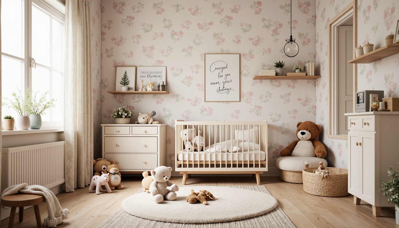 Prompt: Whimsical baby nursery, soft pastel colors, floral patterns, gentle wooden accents, plush toys, delicate lace curtains, vintage-inspired furniture, distressed wood finishes, creamy whites, warm beige tones, natural woven baskets, artificial flower arrangements, adorable stuffed animals, framed childhood quotes, tender lighting fixtures, 1/1 composition, shallow depth of field, warm soft focus, cozy textures, rustic ambiance.