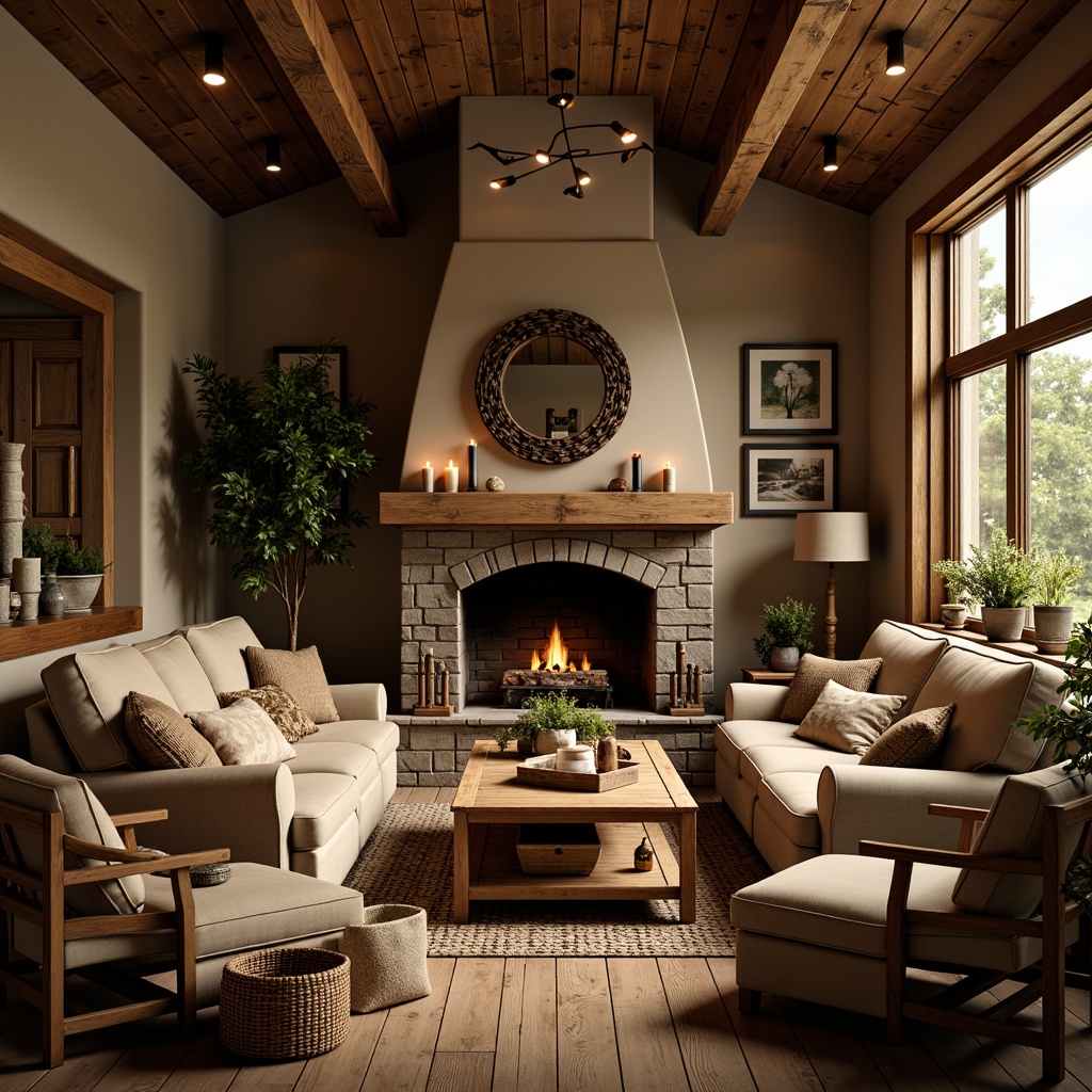 Prompt: Cozy family room, warm earthy tones, rustic wooden furniture, plush beige sofas, vintage armchairs, woven baskets, natural stone fireplace, reclaimed wood walls, distressed metal decor, soft candlelight, warm golden lighting, 1/1 composition, intimate atmosphere, realistic textures, ambient occlusion.