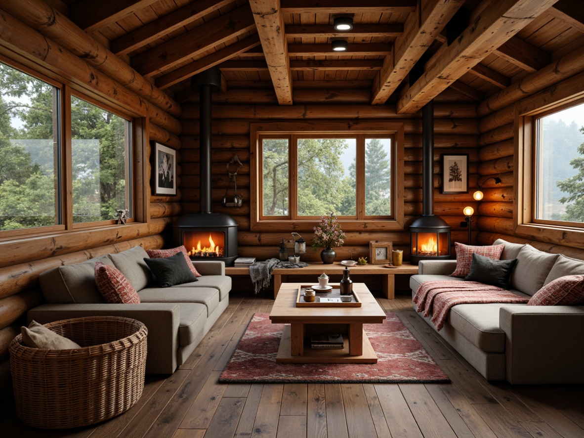 Prompt: Rustic wooden cabin, earthy tones, natural textures, reclaimed wood accents, vintage metalware, distressed finishes, cozy fireplace, plush throw blankets, woven baskets, nature-inspired patterns, warm candlelight, shallow depth of field, 1/1 composition, realistic wood grain, ambient occlusion.