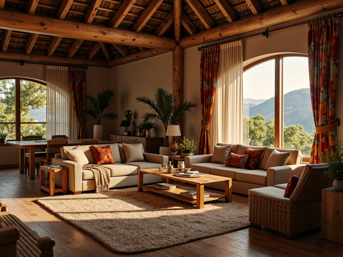 Prompt: Cozy living room, plush velvet sofa, soft cushions, warm beige carpet, natural wood coffee table, woven rattan armchair, vibrant colorful throw pillows, intricate geometric patterns, luxurious silk drapes, ambient warm lighting, shallow depth of field, 3/4 composition, panoramic view, realistic textures, rustic wooden accents.