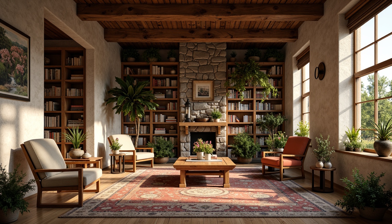 Prompt: Cozy library, farmhouse style, warm natural lighting, wooden shelves, vintage books, comfortable reading nooks, plush armchairs, rustic wooden tables, earthy tone colors, stone walls, reclaimed wood accents, metal lanterns, soft candlelight, lush greenery, blooming flowers, sunny afternoon, shallow depth of field, 1/1 composition, warm color palette, realistic textures, ambient occlusion.