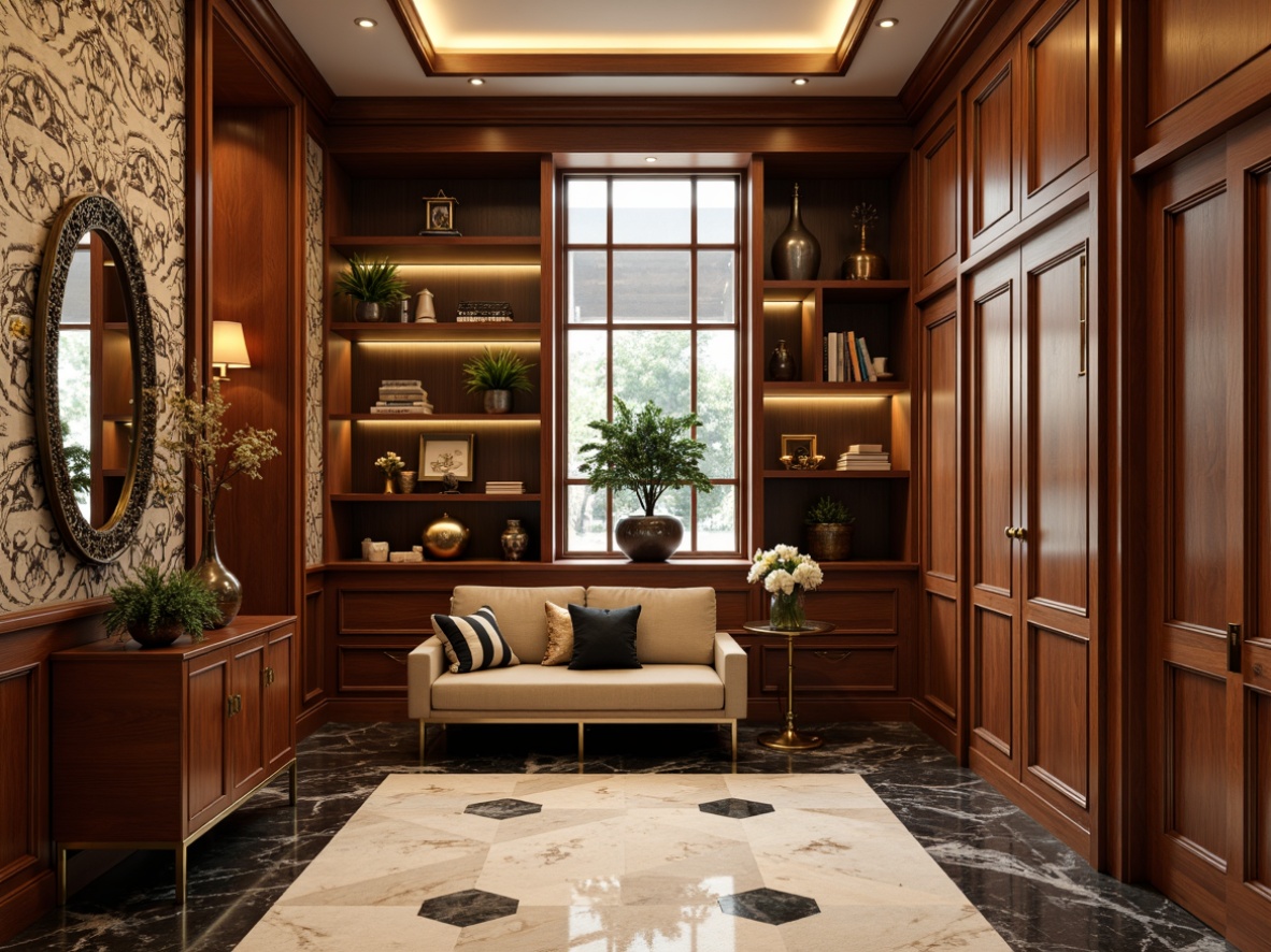 Prompt: Elegant mudroom, Art Deco style, geometric patterns, metallic accents, luxurious textiles, rich wood tones, sleek cabinets, polished chrome hardware, statement lighting fixtures, bold color palette, contrasting marble floors, sophisticated wall treatments, ornate mirrors, glamorous accessories, vintage-inspired decor, high-gloss finishes, 3/4 composition, shallow depth of field, warm softbox lighting, realistic reflections.