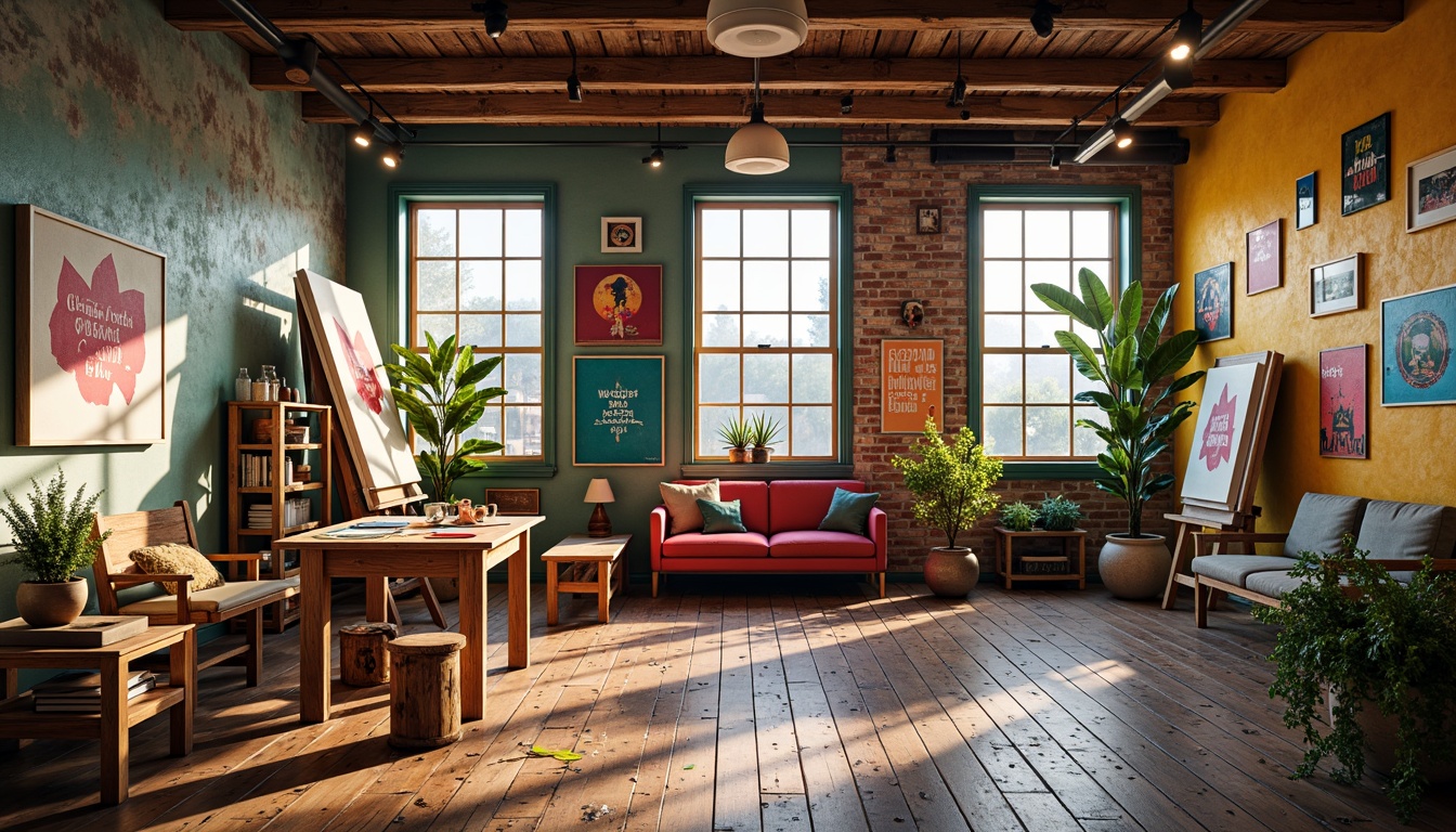 Prompt: Vibrant art studio, eclectic furniture, bold color palette, textured walls, wooden floorboards, natural light pouring in, oversized canvases, artistic easels, paint-splattered tables, creative freedom, inspirational quotes, cozy reading nooks, ambient warm lighting, shallow depth of field, 3/4 composition, panoramic view, realistic textures, ambient occlusion.