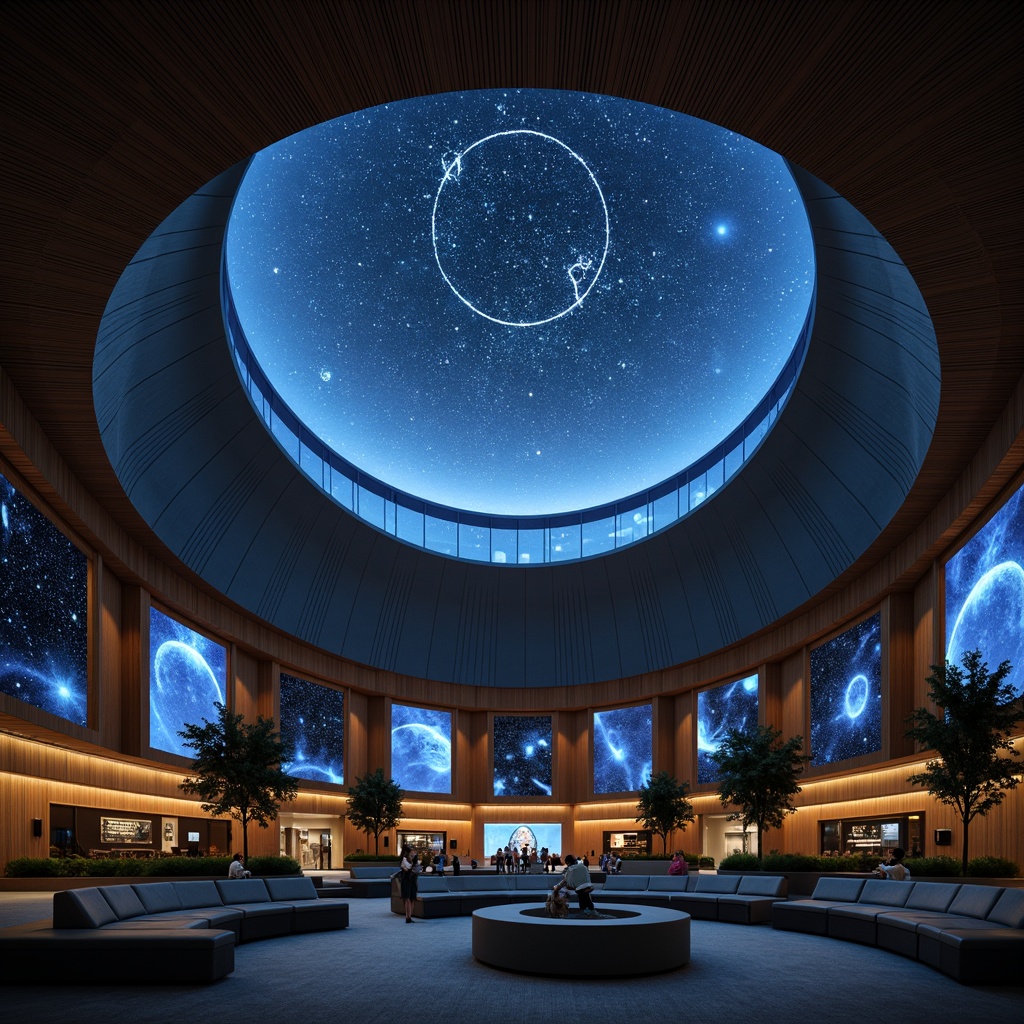 Prompt: Celestial planetarium interior, mid-century modern architecture, curved walls, geometric patterns, starry night sky projections, ambient lighting, dark blues and grays, rich wood accents, sleek metal trim, minimalist decor, futuristic feel, circular seating areas, dome-shaped ceiling, astrological symbols, constellations, planetary models, 3D visualizations, soft focus blur, cinematic composition, atmospheric misting, subtle color grading.