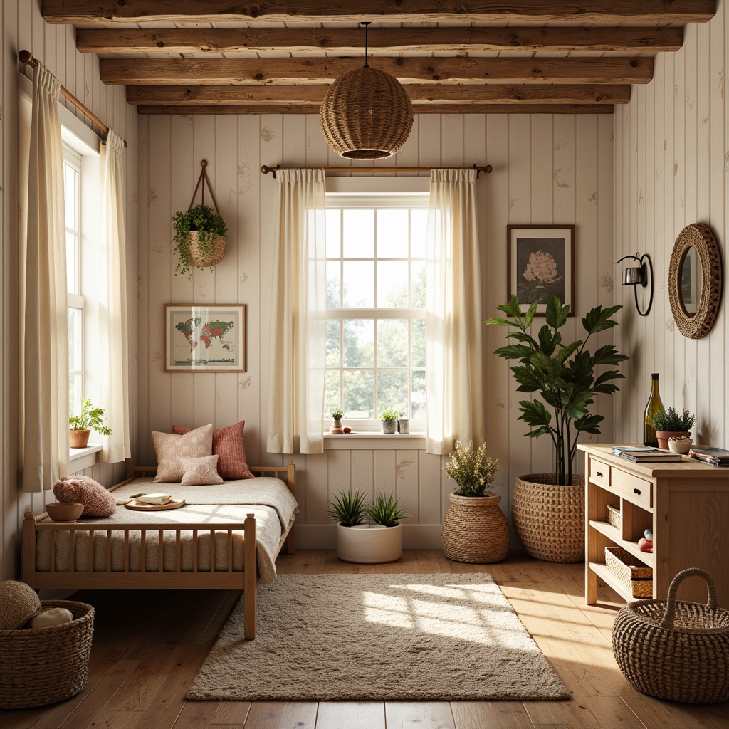 Prompt: Whimsical kids' room, rustic vernacular style, distressed wood paneling, vintage-inspired wallpaper, soft pastel colors, natural textures, woven baskets, plush area rugs, cozy reading nooks, wooden furniture, earthy tones, warm golden lighting, shallow depth of field, 1/2 composition, intimate atmosphere, realistic materials, ambient occlusion.