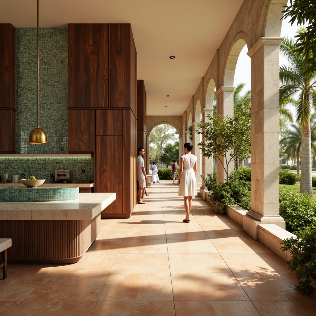 Prompt: Warm beige walls, terracotta flooring, creamy marble countertops, rich walnut wood accents, soft blue-green glass tiles, vibrant turquoise mosaics, natural stone columns, airy open spaces, high ceilings, abundance of greenery, lush plants, warm sunlight, soft golden lighting, shallow depth of field, 1/2 composition, realistic textures, ambient occlusion.