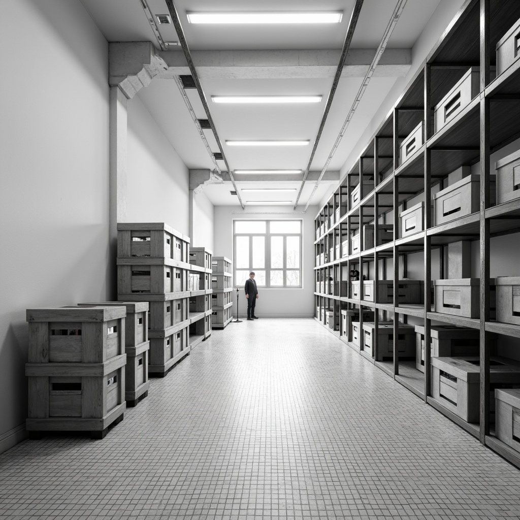 Prompt: Monochromatic storage room, industrial metal shelving units, minimalist wooden crates, geometric patterned flooring, plain white walls, functional lighting fixtures, sleek metal doors, simplicity emphasized decor, limited color palette, clean lines, rectangular shapes, open spaces, natural light pouring in, 1/1 composition, high contrast ratio, subtle textures, ambient shadows.