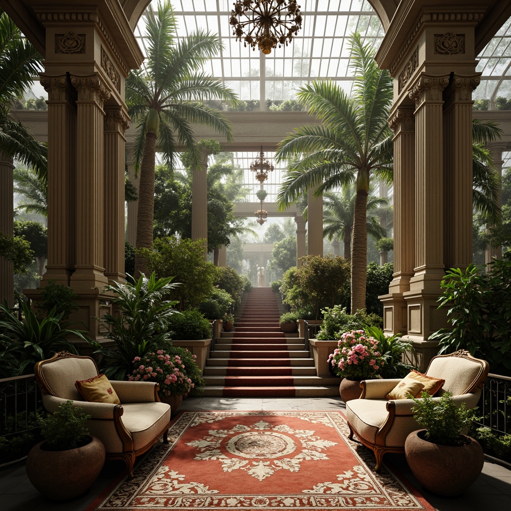 Prompt: Opulent greenhouse interior, lush tropical plants, delicate ironwork, ornate wooden accents, intricate stone carvings, Rococo-inspired furniture, velvet drapes, sparkling crystal chandeliers, soft natural lighting, warm misty atmosphere, exotic flowers, elegant archways, grandiose staircases, lavish textiles, intricate patterned rugs, 1/1 composition, shallow depth of field, romantic warm color palette.