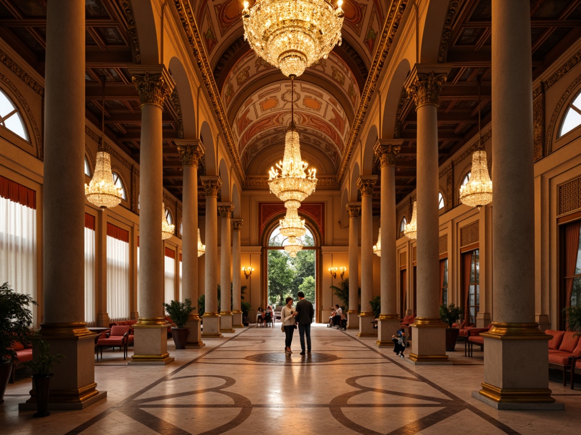 Prompt: Elegant pavilion, ornate columns, grand arches, crystal chandeliers, warm golden lighting, soft candlelight, intricate moldings, luxurious fabrics, velvet drapes, marble floors, polished bronze details, classic Roman architecture, symmetrical composition, shallow depth of field, 1/1 aspect ratio, realistic textures, ambient occlusion, warm color palette, subtle shadows.