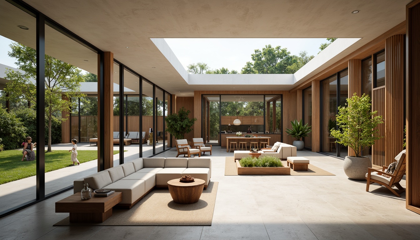 Prompt: Open-plan living spaces, floor-to-ceiling windows, sliding glass doors, natural light, airy atmosphere, minimalist decor, functional furniture, built-in shelving, wooden accents, organic shapes, geometric patterns, earthy tones, neutral color palette, lush greenery, outdoor courtyards, private gardens, cantilevered roofs, clean lines, simple forms, functional simplicity, mid-century modern architecture, 3/4 composition, shallow depth of field, soft warm lighting, realistic textures.