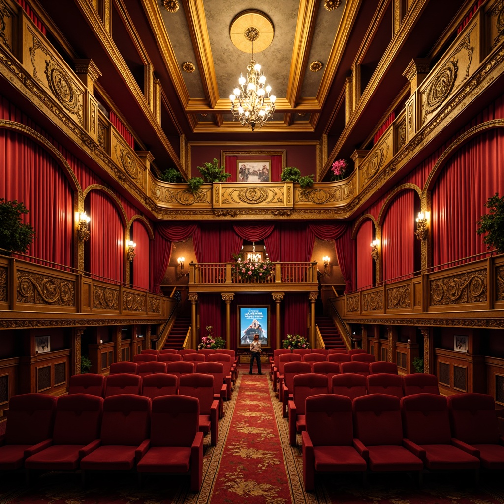 Prompt: Elegant cinema interior, rich velvet curtains, ornate golden frames, intricately carved wooden seats, plush red upholstery, Victorian-era inspired architecture, grand chandeliers, soft warm lighting, shallow depth of field, 3/4 composition, symmetrical arrangement, luxurious ambiance, refined decorative elements, lavish furnishings, opulent materials, classic movie posters, nostalgic film reels, ornamental balconies, sweeping staircases.