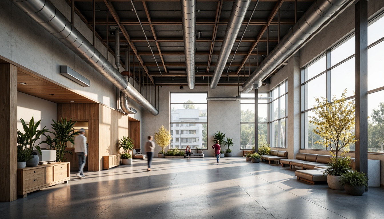 Prompt: Industrial hospital interior, exposed steel beams, metal ductwork, concrete floors, large windows, natural light, minimalist decor, functional medical equipment, stainless steel surfaces, reclaimed wood accents, urban aesthetic, modern industrial style, high ceilings, open layout, airy atmosphere, soft warm lighting, shallow depth of field, 3/4 composition, realistic textures, ambient occlusion.