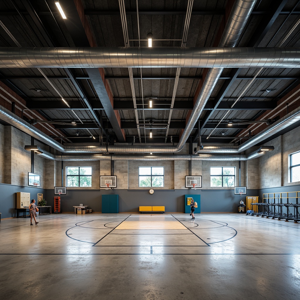 Prompt: Industrial-style gymnasiums, polished concrete floors, metallic accents, exposed ductwork, high ceilings, urban loft atmosphere, modern athletic equipment, basketball hoops, volleyball nets, workout areas, free weights, treadmills, mirrored walls, LED lighting, dynamic color schemes, matte finishes, textured surfaces, anti-slip coatings, heavy-duty flooring, sound-absorbing materials, functional design, minimalist aesthetic, open spaces, panoramic views, 3/4 composition, realistic textures, ambient occlusion.