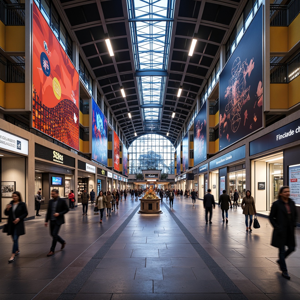 Prompt: Vibrant postmodern train station, eclectic architectural styles, bold color schemes, abstract patterns, dynamic lighting systems, futuristic signage, intuitive wayfinding solutions, digital displays, interactive kiosks, sleek metal fixtures, polished stone floors, modern art installations, bustling pedestrian traffic, blurred motion, shallow depth of field, 1/1 composition, cinematic atmosphere, realistic reflections.