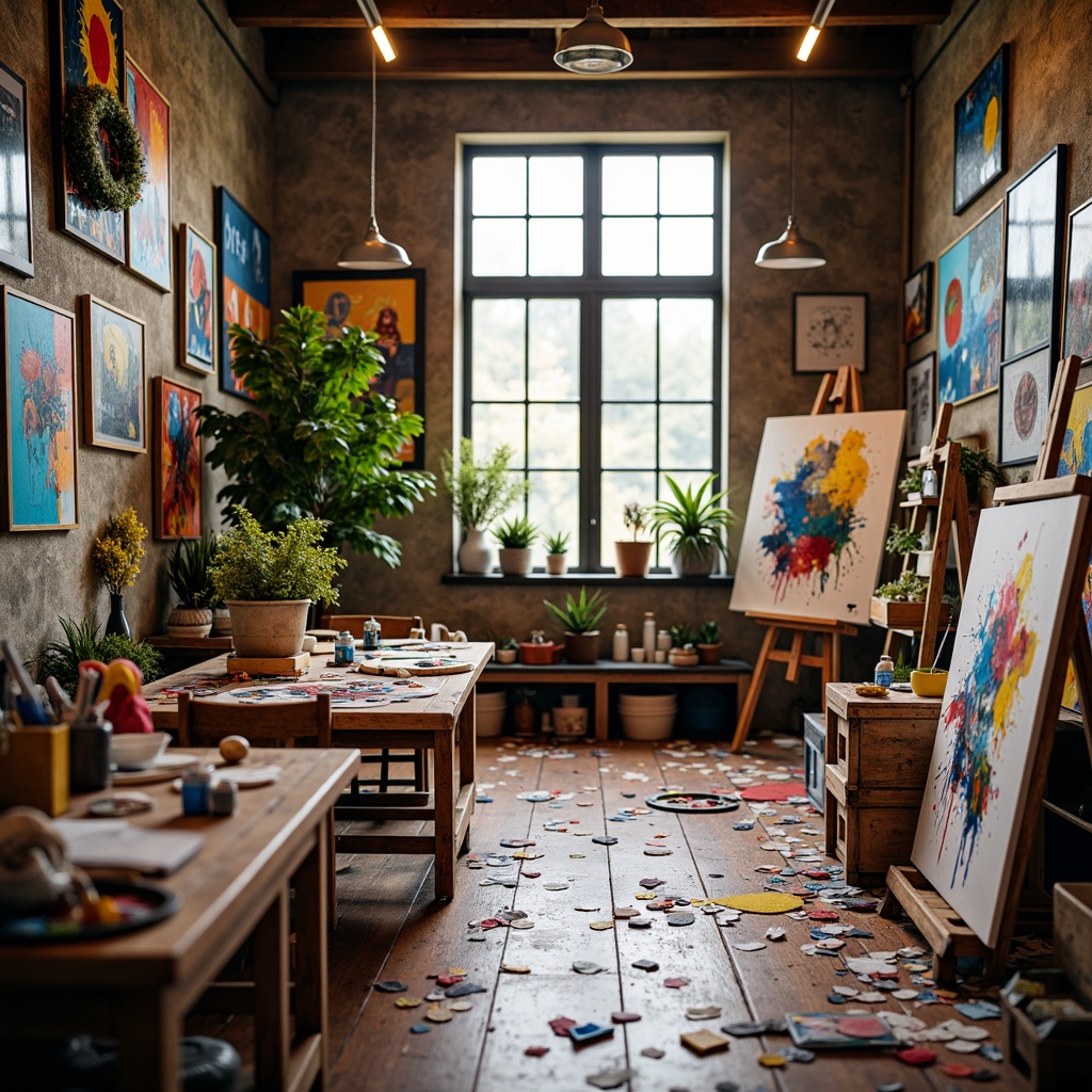 Prompt: Vibrant art studio, eclectic color scheme, bold brushstrokes, abstract expressionism, artistic freedom, inspiring workspace, creative chaos, scattered paint tubes, colorful canvases, natural wood floors, rustic wooden tables, metal easels, soft warm lighting, shallow depth of field, 1/1 composition, realistic textures, ambient occlusion.