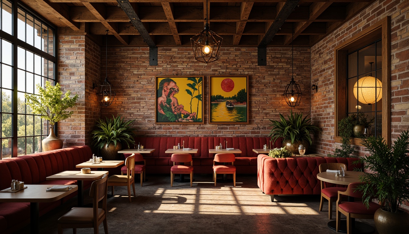 Prompt: Vibrant restaurant interior, eclectic mix of textures, distressed wooden accents, worn brick walls, industrial metal beams, vintage decorative tiles, plush velvet upholstery, rich leather banquettes, ornate metallic fixtures, abstract expressionist artwork, warm golden lighting, dramatic shadows, 1/2 composition, shallow depth of field, bokeh effect, cinematic color grading.