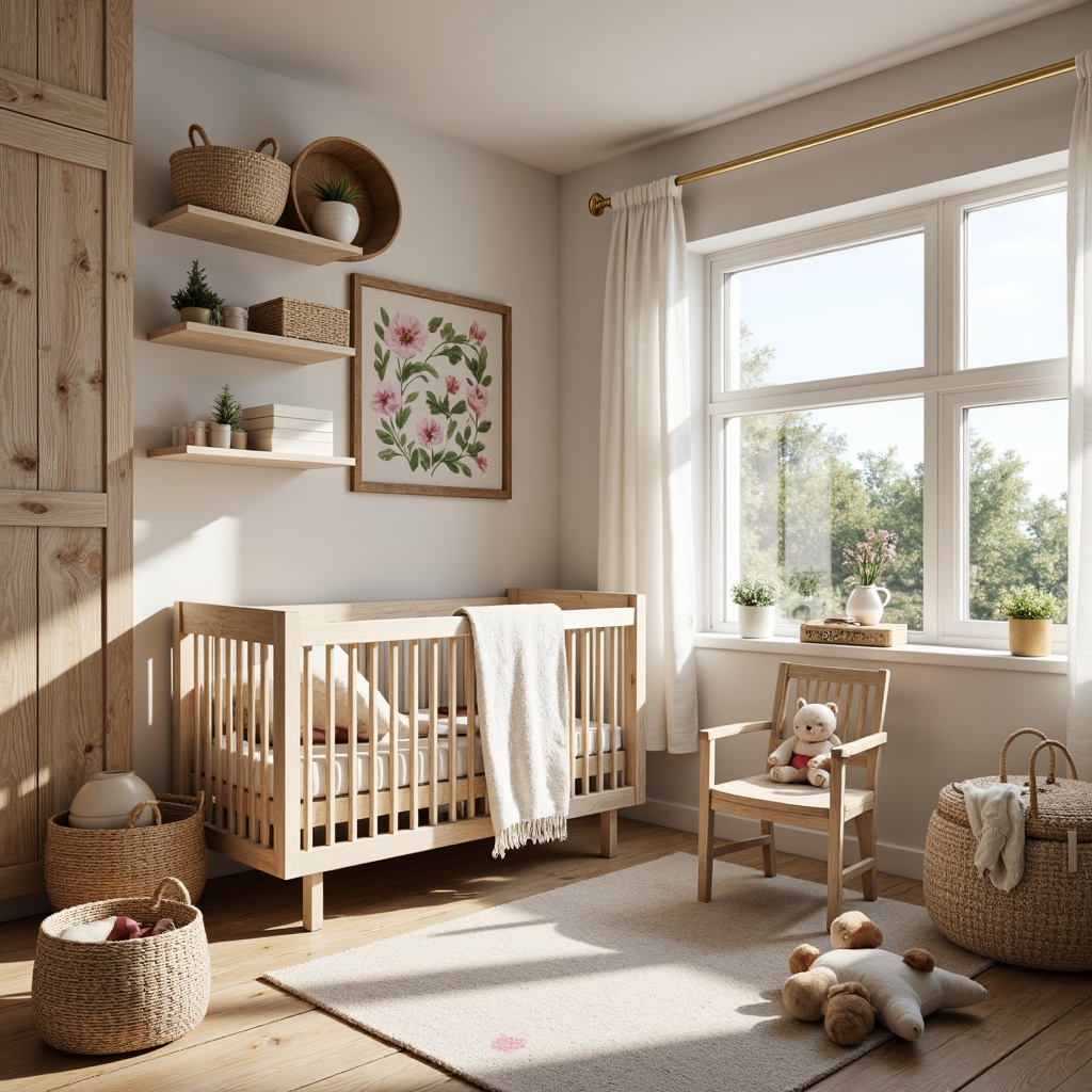 Prompt: Whimsical baby nursery, rustic wood accents, distressed finishes, vintage decorative items, soft pastel colors, creamy whites, warm beige tones, natural textiles, woven baskets, floral patterns, gentle curves, cozy nooks, plush toys, tender lighting, warm ambient glow, shallow depth of field, 1/1 composition, intimate atmosphere, realistic textures, subtle shading.Let me know if you need any adjustments!