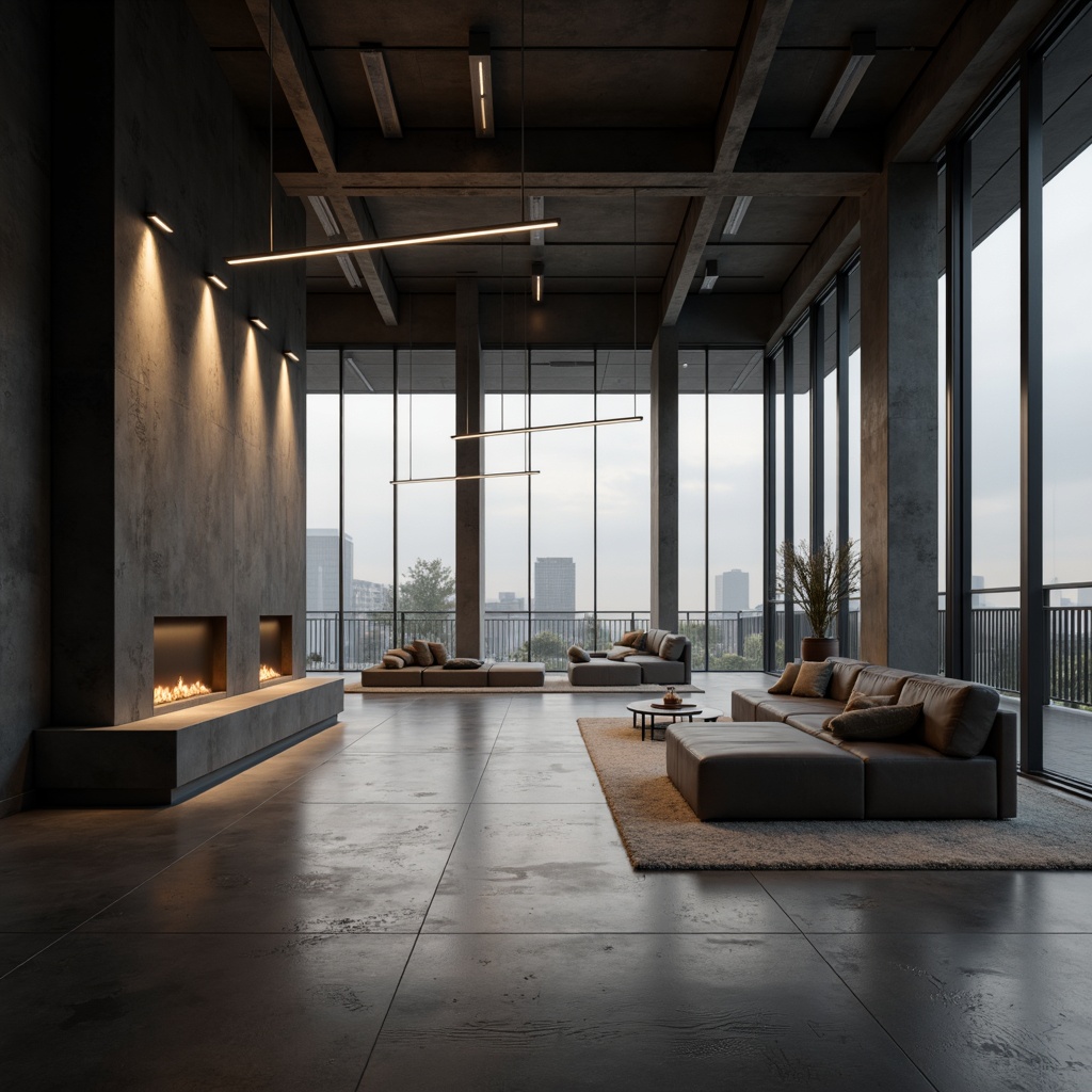 Prompt: Minimalist interior, sleek lines, monochromatic color scheme, polished concrete floors, industrial chic aesthetic, suspended LED light installations, soft warm glow, ambient lighting, floor-to-ceiling windows, natural daylight, subtle shading, 1/1 composition, realistic reflections, high-contrast ratios, dramatic shadows, atmospheric fog effect.