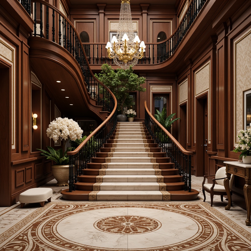 Prompt: \Marble floors, intricate inlays, ornate patterns, high-gloss finish, herringbone parquet, walnut wood, dark-stained trim, grand staircase, sweeping curves, ornamental railings, polished bronze fixtures, crystal chandeliers, opulent drapery, lavish furnishings, stately proportions, formal atmosphere, sophisticated elegance, refined luxury, subtle color palette, neutral background, warm ambient lighting, shallow depth of field, 2/3 composition, symmetrical framing.\