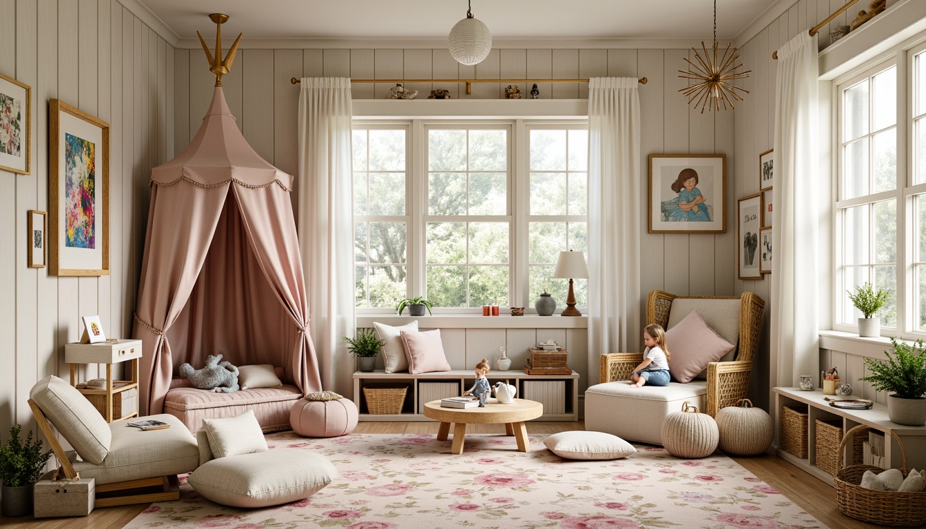 Prompt: Whimsical kid's room, distressed wood furniture, vintage metal decorations, floral patterned rugs, soft pastel colors, rustic wooden accents, woven baskets, natural fabrics, cozy reading nooks, plush toys, colorful artwork, childlike illustrations, hand-painted murals, whimsical lighting fixtures, creamy whites, warm beige tones, shallow depth of field, 1/1 composition, playful textures, relaxed ambiance.