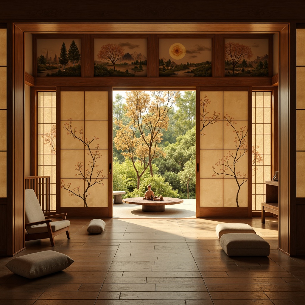 Prompt: Traditional Japanese sliding doors, natural wood accents, rice paper walls, woven bamboo textures, hand-painted murals, subtle golden lighting, delicate cherry blossom patterns, minimalist decor, tatami mat flooring, shoji screens, organic stone walls, earthy color palette, soft ambient glow, 1/1 composition, intimate cozy atmosphere, realistic material details.