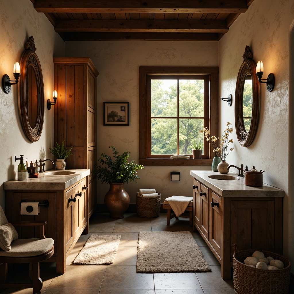 Prompt: Rustic bathroom, distressed wood vanities, earthy stone countertops, copper fixtures, antique bronze faucets, wooden cabinet doors, natural linen textiles, woven baskets, potted greenery, candlelit ambiance, warm soft lighting, 3/4 composition, shallow depth of field, realistic textures, ambient occlusion.