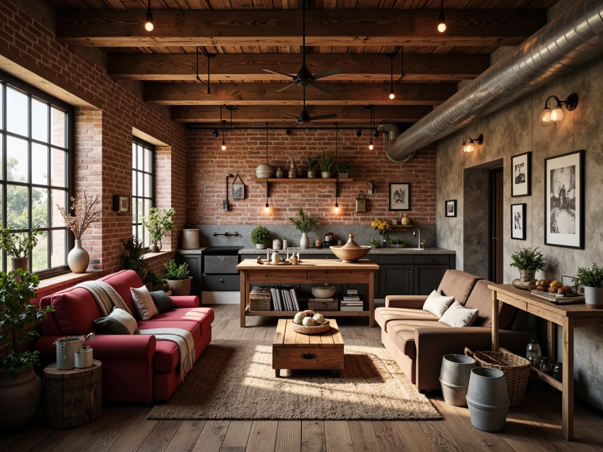 Prompt: Exposed brick walls, distressed wood beams, vintage metal lanterns, reclaimed wooden floors, rustic wooden crates, industrial metal pipes, earthy color palette, natural stone accents, cozy throw blankets, plush velvet sofas, antique farming tools, galvanized steel decor, Edison bulbs, rough-hewn wooden tables, metal pendant lights, woven wicker baskets, farmhouse-style kitchen sinks, copper accents, warm candlelight, shallow depth of field, 1/2 composition, soft focus, realistic textures.