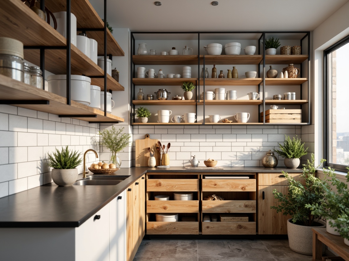 Prompt: Simple pantry shelving, clean lines, industrial metal frames, reclaimed wood accents, white subway tiles, matte black countertops, geometric patterns, subtle textures, natural stone flooring, soft warm lighting, 3/4 composition, shallow depth of field, minimalist decor, functional storage bins, elegant label makers, rustic wooden crates, neutral color palette, calm atmosphere, morning sunlight, gentle shadows.