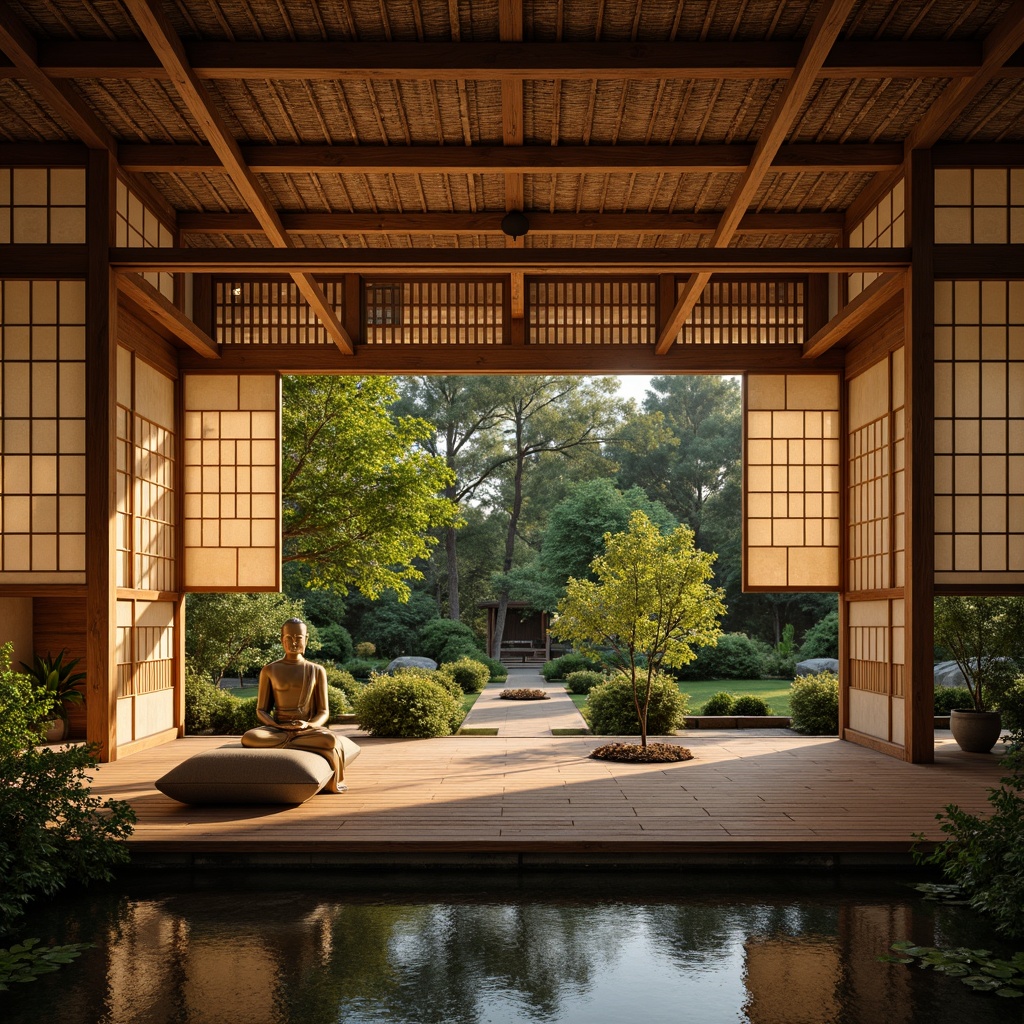 Prompt: Traditional Japanese shoji screens, natural wood accents, woven bamboo textures, earthy terracotta hues, subtle rice paper patterns, minimalist Zen aesthetics, tranquil ambient lighting, soft warm glow, shallow depth of field, 1/1 composition, realistic wooden grains, ambient occlusion, serene Buddha statues, lush greenery, gentle water features, peaceful koi ponds.