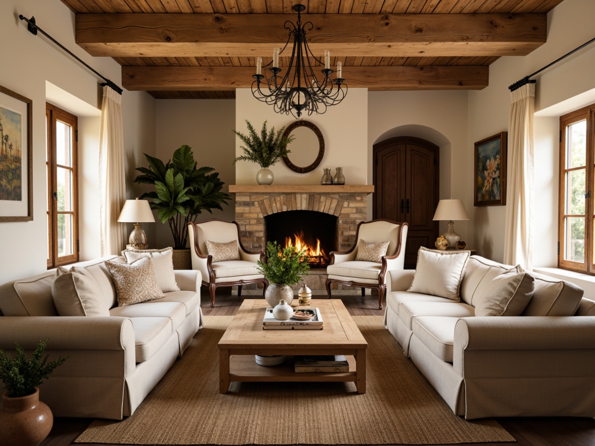 Prompt: Cozy family room, rustic French country style, warm beige walls, distressed wood accents, soft golden lighting, plush velvet sofas, vintage armchairs, natural linen upholstery, woven jute rugs, antique wooden coffee tables, ornate metal chandeliers, earthy terracotta vases, fresh greenery, soft pastel colors, creamy whites, weathered stone fireplaces, rustic brick arches, warm candlelight, intimate seating areas, relaxed atmosphere, 3/4 composition, soft focus, warm color grading.