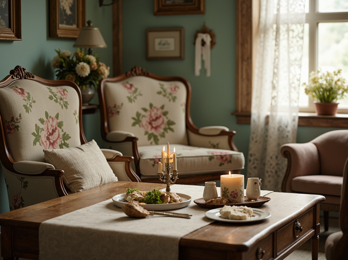 Prompt: Distressed wooden furniture, soft pastel hues, vintage floral patterns, lace curtains, worn velvet upholstery, antique decorative accessories, rustic metal hardware, faded linen fabrics, subtle sparkle, warm candlelight, shallow depth of field, 1/1 composition, romantic ambiance, whimsical details, soft focus, natural textures.