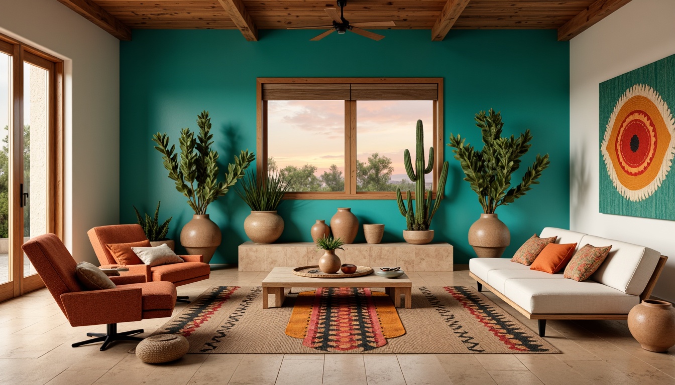 Prompt: Turquoise accent walls, earthy tone furnishings, woven Native American patterns, rustic wooden beams, sandy beige floors, vibrant cactus plants, modern minimalist decor, sleek low-profile sofas, geometric-inspired coffee tables, colorful kilim pillows, natural fiber rugs, clay pottery vases, warm desert sunset lighting, soft ambient glow, 1/1 composition, shallow depth of field, realistic textures.