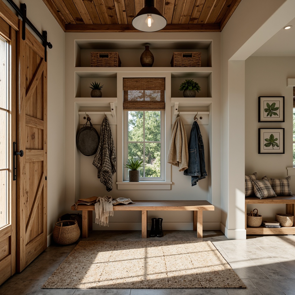 Prompt: Rustic mudroom, natural stone flooring, earthy tones, wooden bench, woven baskets, hooks for jackets, shelves for boots, modern farmhouse decor, industrial metal accents, pendant lighting, warm beige walls, textured throw blankets, woven rugs, botanical prints, functional storage units, sliding barn doors, cozy reading nook, plush area rug, task lighting, 1/1 composition, softbox lighting, realistic wood textures.