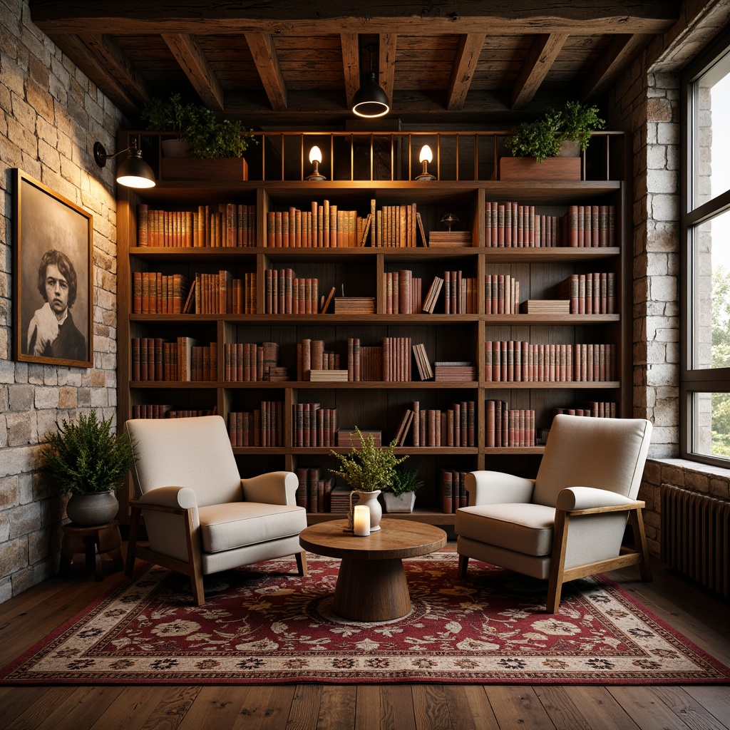 Prompt: Cozy reading nook, rustic wooden shelves, vintage leather-bound books, distressed stone walls, warm candlelight, comfortable armchairs, richly patterned rugs, earthy color palette, natural wood accents, exposed brick ceilings, modern minimalist lighting, soft box lighting, shallow depth of field, 1/1 composition, realistic textures, ambient occlusion.