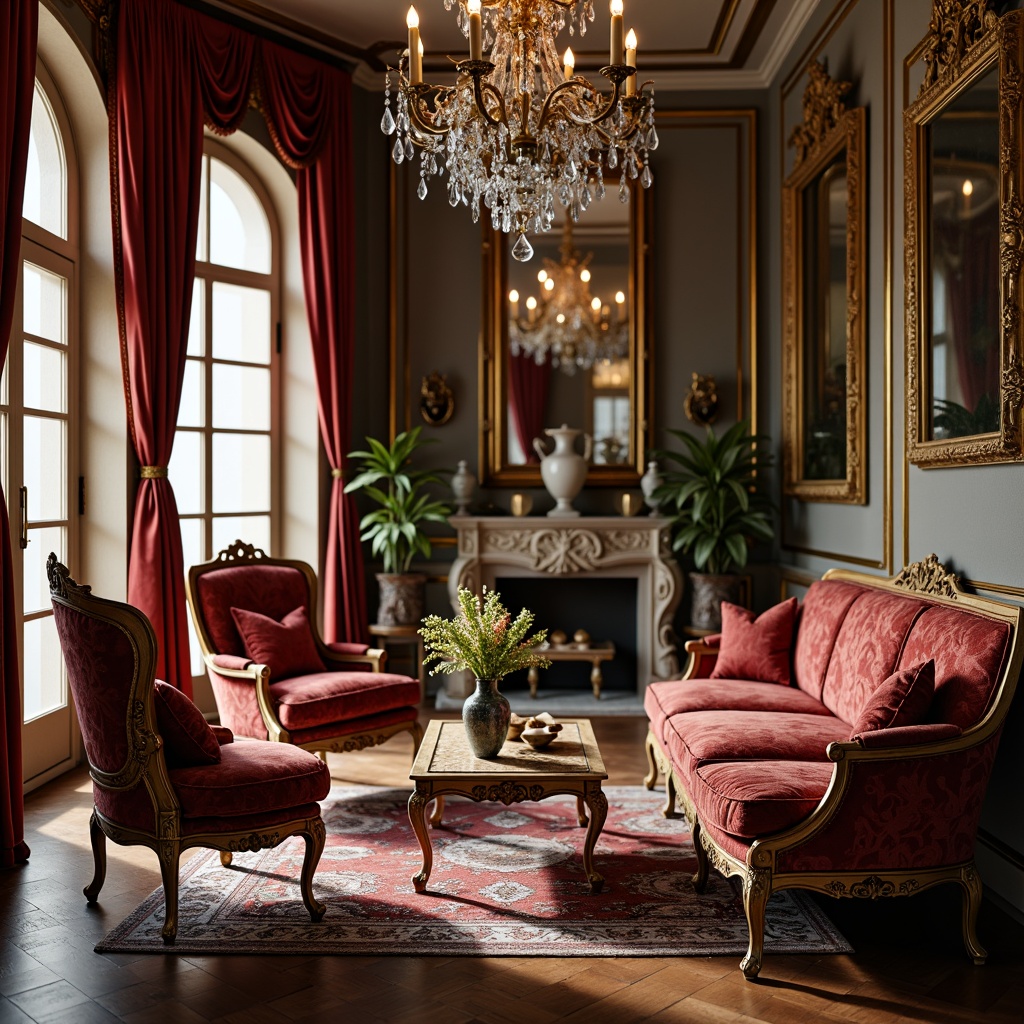 Prompt: Luxurious velvet sofas, ornate gold frames, intricately carved wooden chairs, delicate porcelain vases, opulent crystal chandeliers, lavish silk drapes, gilded mirrors, Baroque-inspired patterns, rich jewel-toned colors, soft warm lighting, shallow depth of field, 3/4 composition, realistic textures, ambient occlusion.