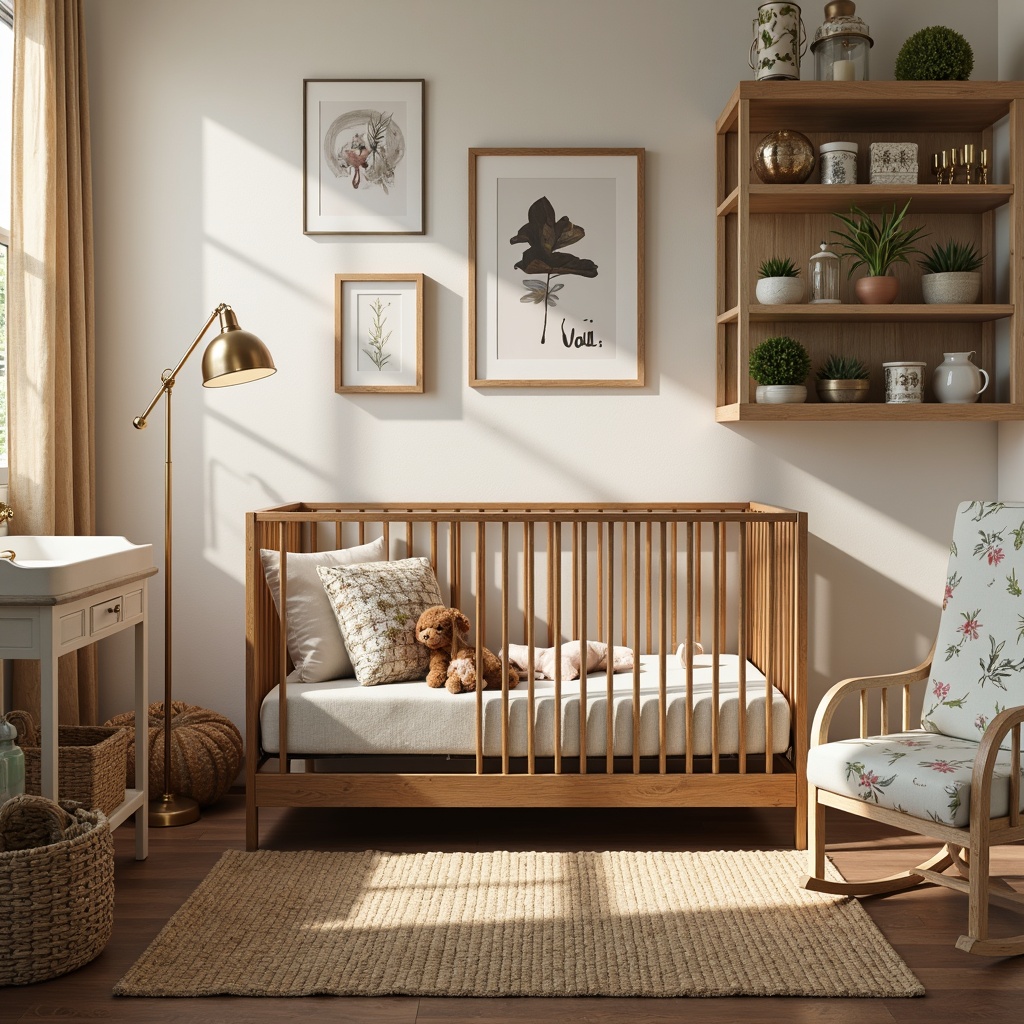 Prompt: Rustic wooden crib, vintage metal frame, soft pastel colors, plush toys, natural fiber rug, woven basket storage, distressed wood changing table, antique-inspired decorative accents, whimsical wall art, cozy reading nook, warm beige curtains, earthy tone wallpaper, lantern-style lamp, nature-inspired mobile, comfortable glider rocker, creamy white furniture, botanical print fabrics, airy open shelving, warm golden lighting, shallow depth of field, 1/1 composition, soft focus effect.